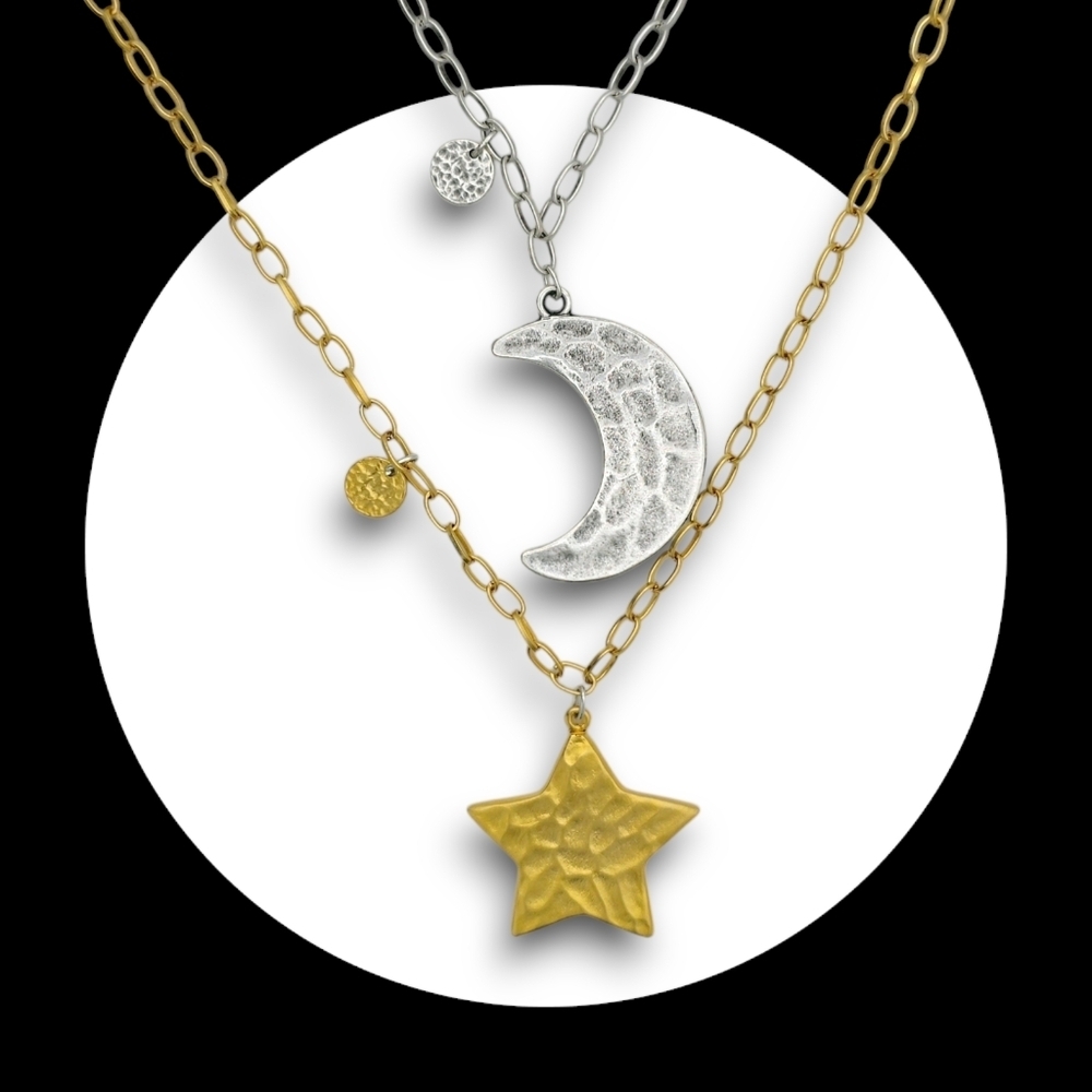 Mixed Metal Celestial Necklace Bracelet Earrings Set 18K Gold Silver Turkish - Picture 8 of 10